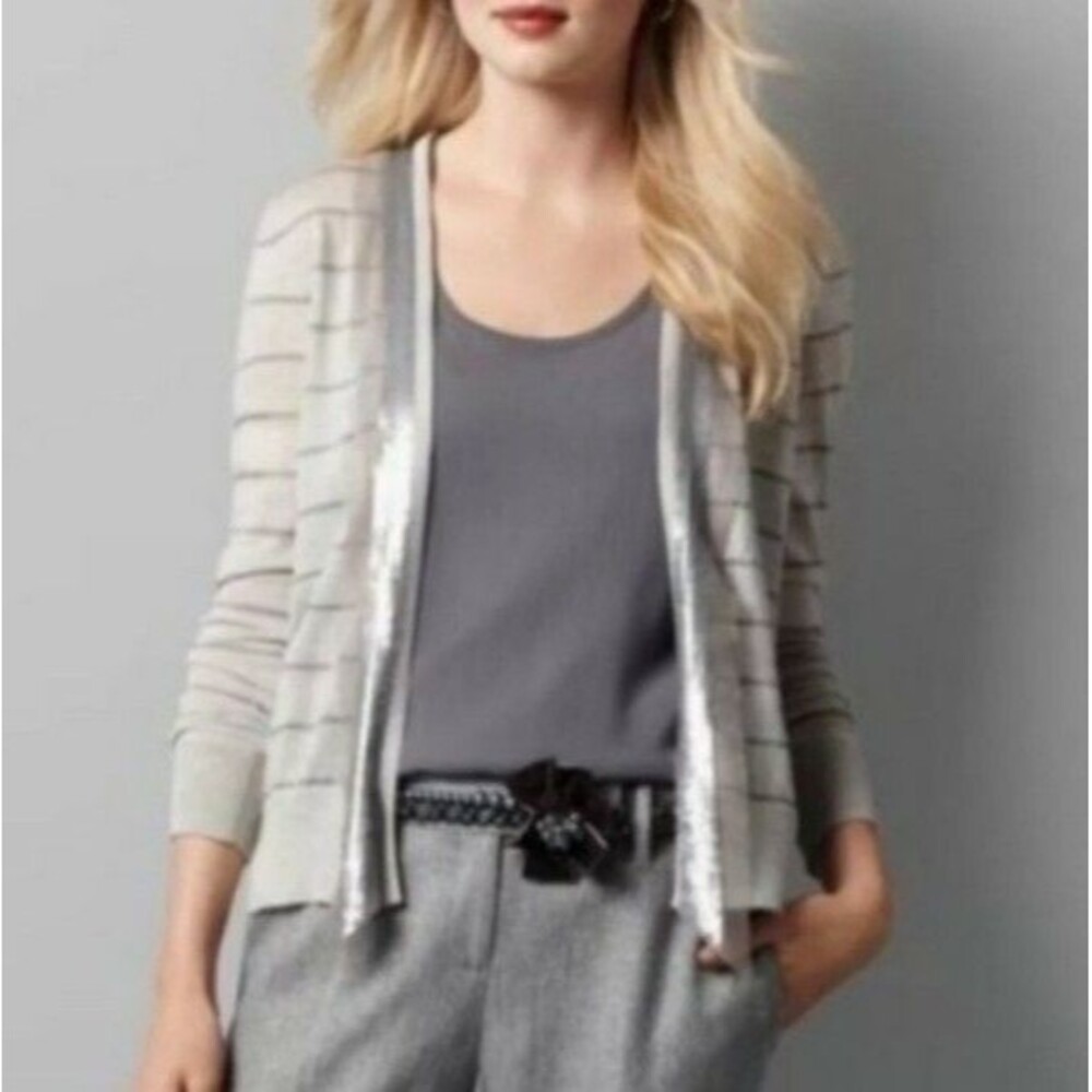 Ann Taylor LOFT Cardigan Gray Sequin Size L Large Stripe Open Front Wool (Z